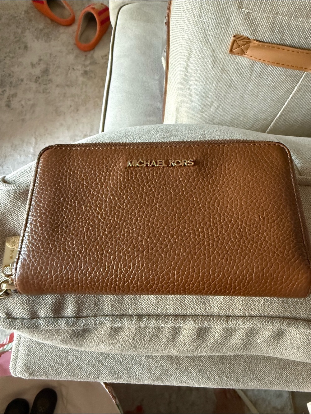 Michael Kors Cognac Textured Leather Zip Wallet with Gold Logo